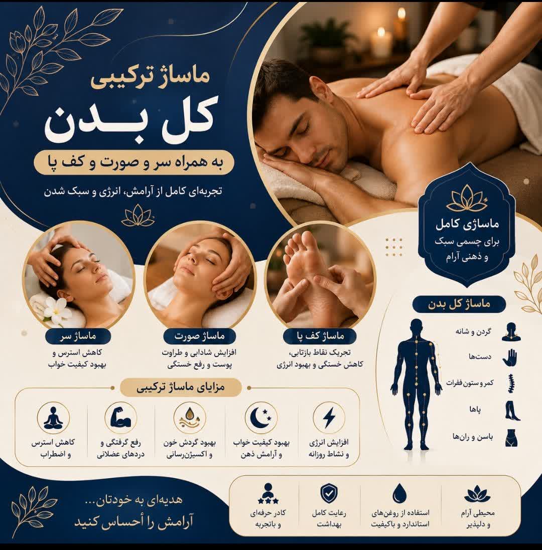 ماساژ ترکیبی کل بدن در کرج | ماساژ سر، صورت و کف پا در منزل